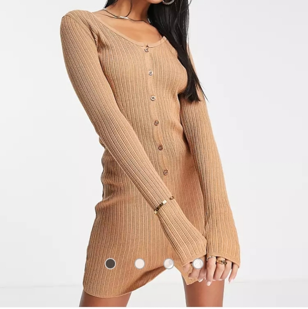ASOS DESIGN knitted rib mini dress with button through in camel